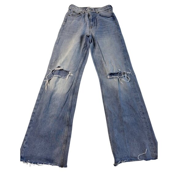 Zara Womens Distressed Straight-Leg Light Wash Denim Jeans SZ 4 Raw Hem - Picture 1 of 9